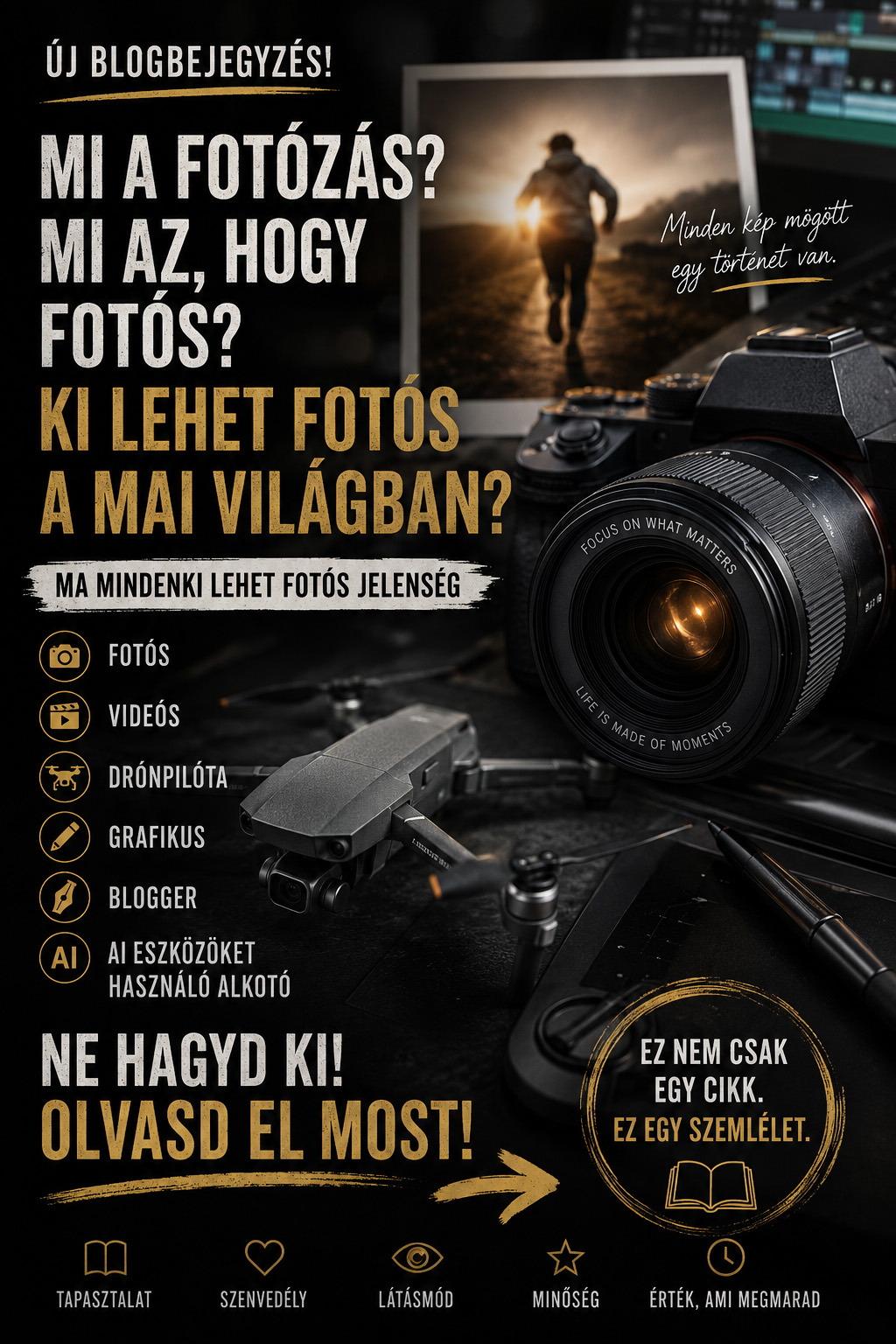 Fényképezőgép objektívvel, drónnal és tollal, blogposzt promóciós szöveggel sötét háttéren.
